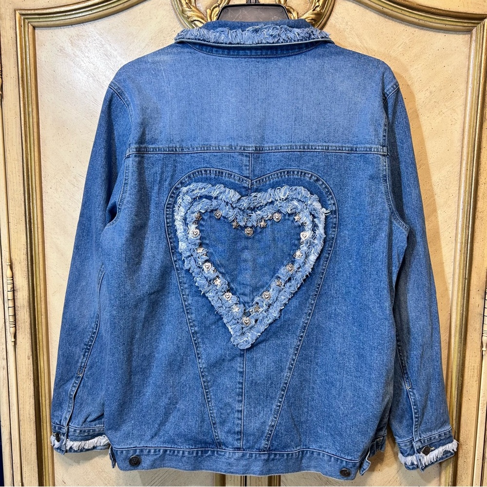 Quacker Factory Blue Denim Embellished Heart Star Charm Fringe Jacket - Picture 6 of 10